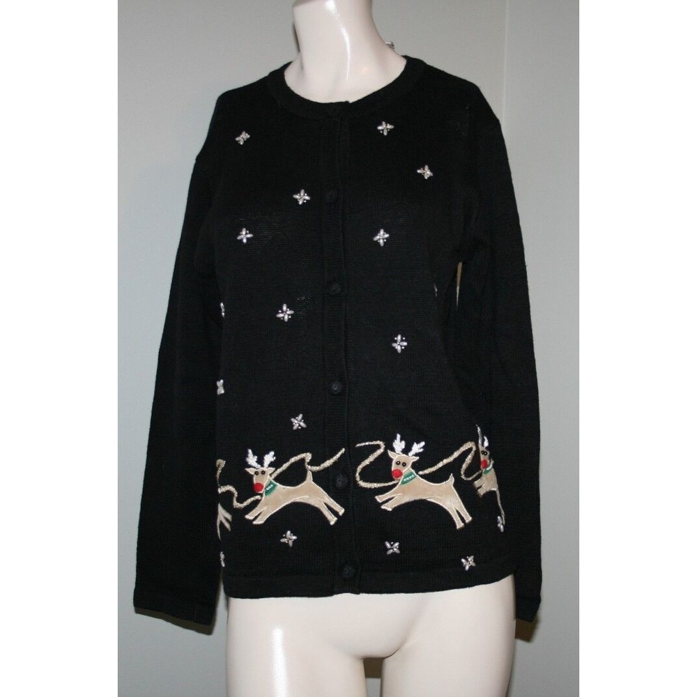 LEMON GRASS Christmas Sweater Black Ramie Cotton Reindeer Small